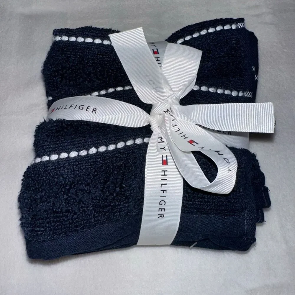 Tommy Hilfiger Washcloth Set of 4 Navy Blue White Detail 13x13” NWT
